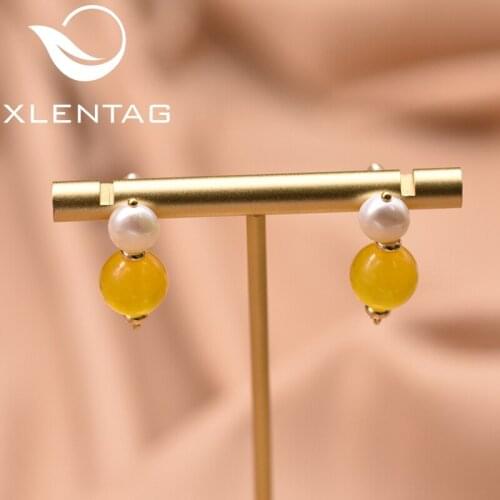 XlenAg Natural Freshwater Pearl Round Yellow Handmade Earrings Harajuku Personality Simple Pendant Earrings Jewelry GE0964C