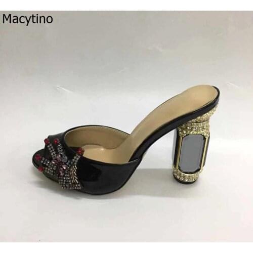 Rhinestone Strange High Heel Sandal Women Crystal Sexy Peep Toe Shoes Summer Slipper Woman Patent Leather 10cm Slides Flip Flops