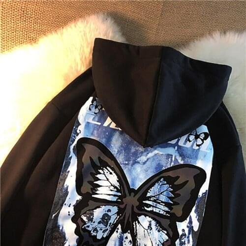 Female Japanese Flower Butterfly Print Jacket Plus Velvet Thickening Trend Ins Autumn And Winter Hooded Couple Outfit