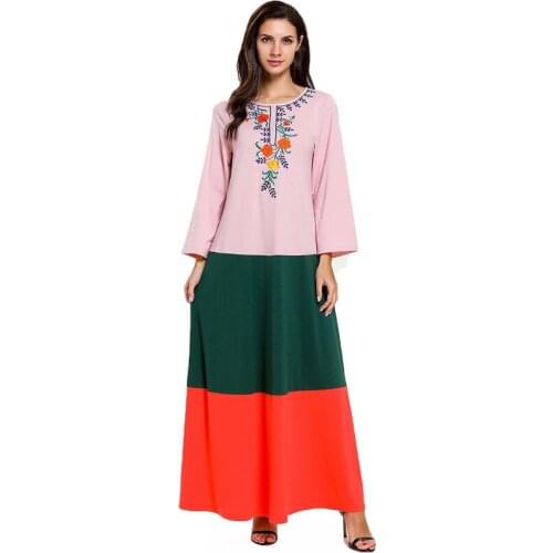 Vintage Contrast Color Stripe Bangladesh Pakistani Dress Flower Embroidery 3/4 Flare Sleeve Indonesia Vestido Longo Caftan