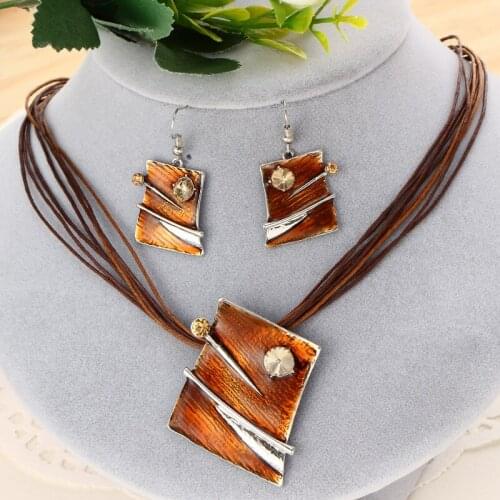 Vintage Wedding Jewelry Set Multiple Layers LeatherRopes Geometry Pendant Necklaces Earrings Sets Women Silver Jewelry Sets