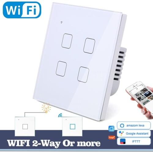 WIFI Touch Light Wall Switch White Glass Blue LED Universal Smart Home Phone Control 4 Gang 2 Way Square Alexa Google Home