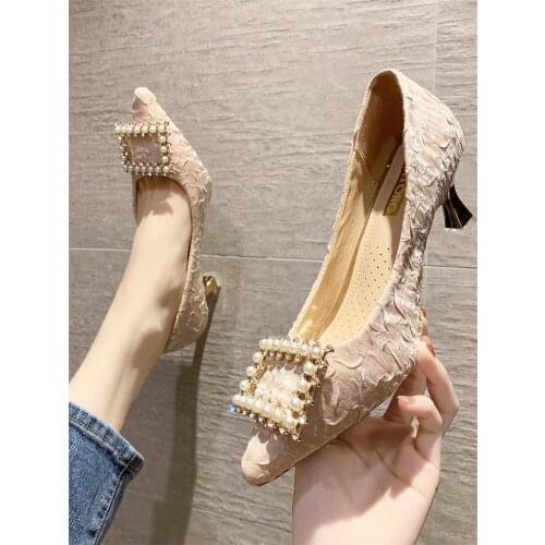 Spring New Fashion Square Buckle Elegant Temperament High Heels Versatile Pointed Toe Shallow Mouth Large Size Womens Shoes