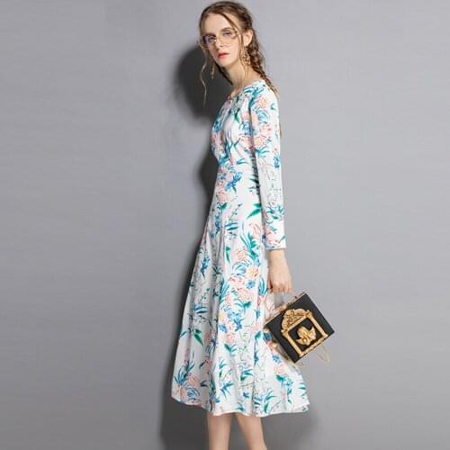 Runway 2021 Fashion European Floral Print Flower Long Sleeve Designer Patchwork XXL Slim Mid-Calf Elegant Dress