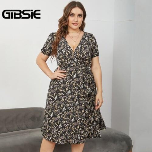 GIBSIE Surplice Neck Floral Print Tie Dress Plus Size 3xl 4xl 5xl Boho Women Summer Short Sleeve Ruffle Hem Dresses 2021 New