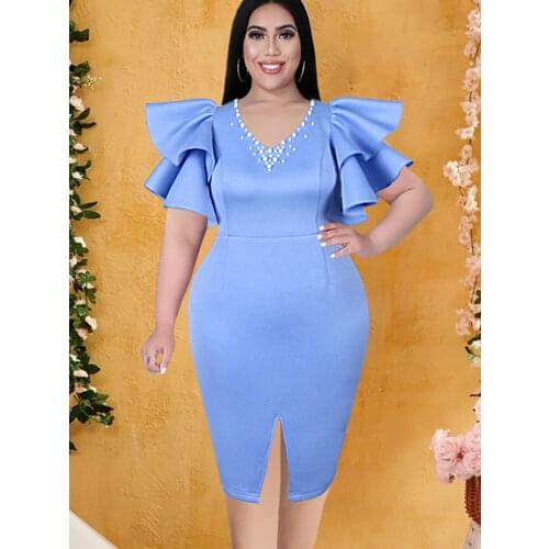 Blue Dresses Plus Size Beaded Sexy V Neck Bodycon Ruffles Short Sleeve Evening Birthday Party Prom Dress African Gowns 3XL 2021
