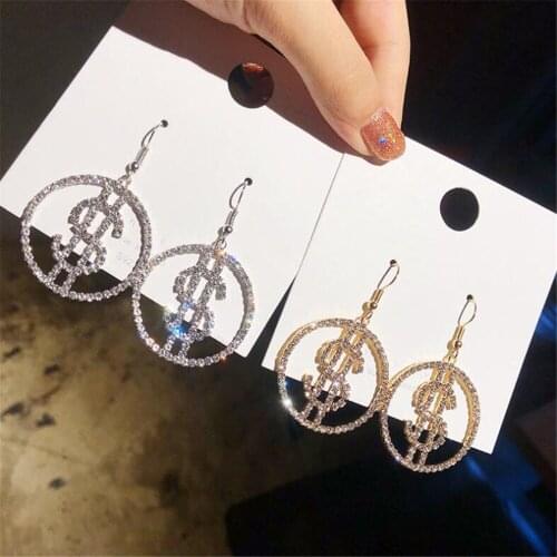 2021 Personality Rhinestone Dollar Icon Shape Hanging Shiny Dangle Exaggerated Womens Earrings