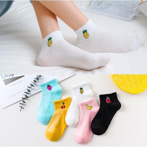 5 Pairs Happy Sock Cartoon Fruit Embroidery Cherry Pineapple Strawberry Apple Banana Pattern Striped Korean Harajuku Women Socks