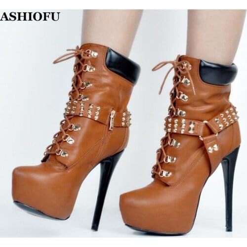 ASHIOFU Realpics Handmade Women High Heel Boots Shoelace Rivets Spikes Party Ankle Boots Sexy Platform Evening Fashion Boots