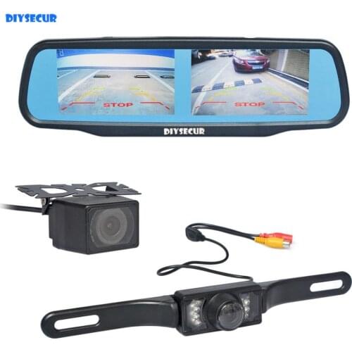 DIYSECUR Dual 4.3" Screen Rearview Car Mirror Monitor + Waterproof IR Night Vision Car Rear View Reverse Backup Car Camera