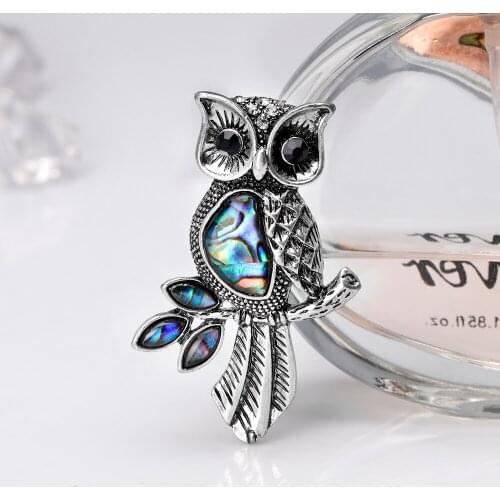 Vintage Silver Owl Brooch Forest Animal Brooches for Women Animal Natural Shell Pin Jewely Accessories Gifts