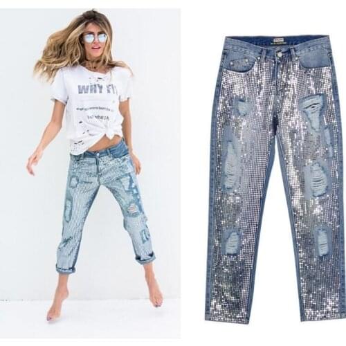 2019 Summer Pants Women Retro High Waist Pants Woman Denim Sequins Boyfriend Jeans Pants Female Jeans For Women Trousers