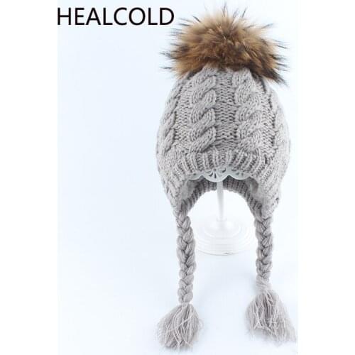 Baby Winter Hat Real Raccoon Fur Pompom Beanie Hats For kids Boys And Girls Warm Ear Protection Caps 2019