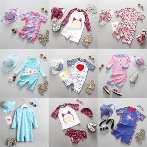 Spearfishing Swimsuit Girl Children Swimming Suit Girls Long Sleeve UV Protection Cute Flamingo Child One Piece Bathing Clothes