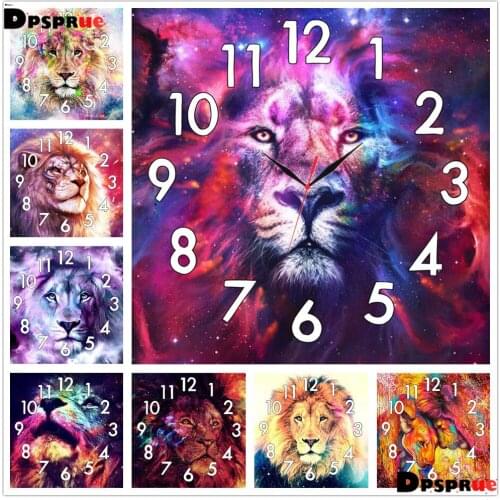 Dpsprue Full Diamond Painting Cross Stitch With Clock Mechanism Mosaic 5D Diy Square Round Animal Lion 3d Embroidery Gift HG21