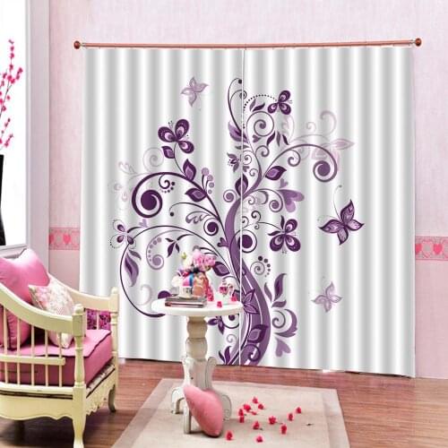Purple 3D Curtain Violet Tree Swirling Persian Lilac Blooms with Butterfly Art Ornamental Plant Graphic Curtains Bedroom Indoor