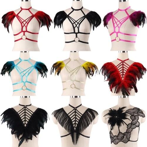 Goth Feather epaulettes Adjust straps BDSM Bondage Body Harness Bra shoulder BurningMan Halloween Burlesque Festival Epaulette