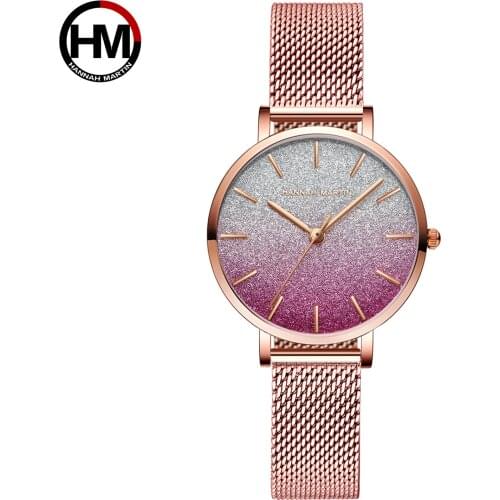 Hannah Martin HM-1323 Ladies Luxury Watch Gradient Color Case Design Waterproof Stainless Steel Mesh Women Luxury Party Watch