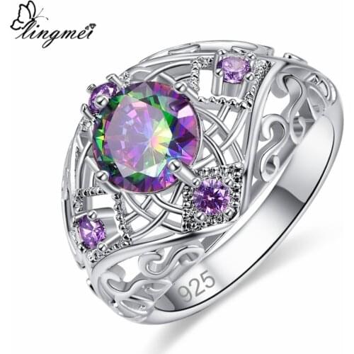 Lingmei Fashion Birthstone Wedding Jewelry Round Mysterious Multi & Blue Purple Zircon Silver Color Ring Size 6 7 8 9