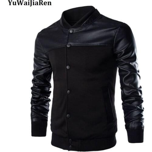 YuWaiJiaRen PU Leather Sleeve Jackets Spring Autumn Slim Casual Jackets Stand Collar Patchwork Men Bomber Jackets And Coats