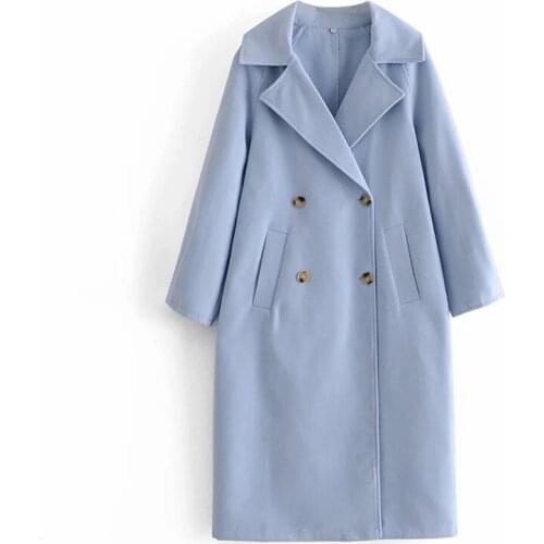 Merodi women stylish double breasted long sleeve za loose blue coat feamale Vogue turndown collar long outwear jacket oversize