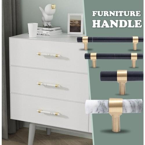Marble + Brass T Bar Cabinet Handle Kitchen Cupboard Door Pulls Nordic Style Furniture Drawer Handle Dresser Knob Hardware