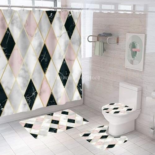 Diamond Geometry Marble Shower Curtains Bathroom Curtain Bath Sets Toilet Cover Mat Non-Slip Washroom Rug Set Modern 180x180cm