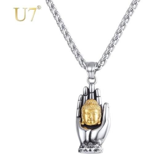 U7 Men Women Buddha Necklace Hand Palms Pendant Necklace Stainless Steel Trendy Jewelry Necklaces Gifts Wholesale P1163