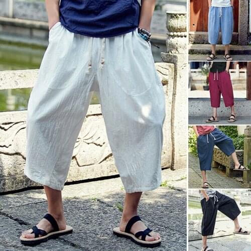 Mens Loose Harem Pants Wide Leg Ethnic Linen Blend Long Trousers Vintage M-4XL