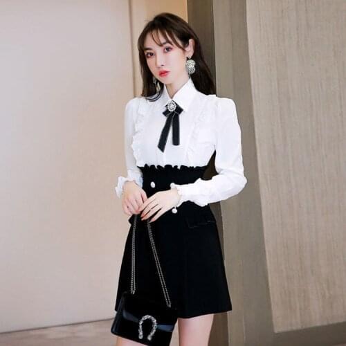 2021 new female black and white patchwork bowknot dress high quality dress spring and autumn OL work wear patchwork dresses