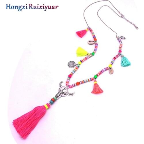 Bohemian style necklace handmade beaded long necklace gorgeous color beads tassels and cow head ladies necklace jewelry