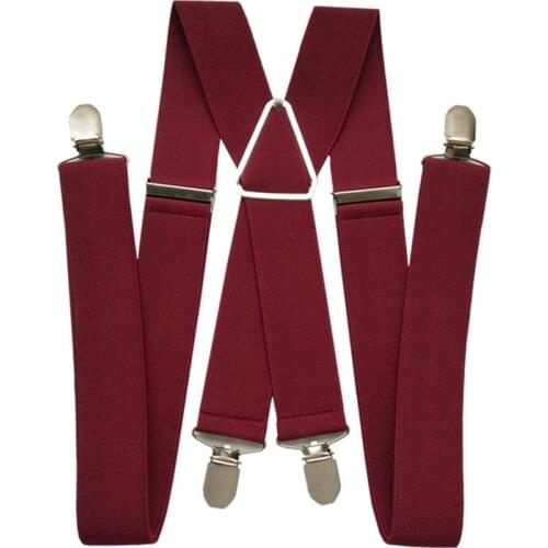 BD054-Plus Size Wine Red Mens Suspenders 3.5 cm Width Adjustable Elastic X Back Suspender Clips on Pants Braces Women Adult