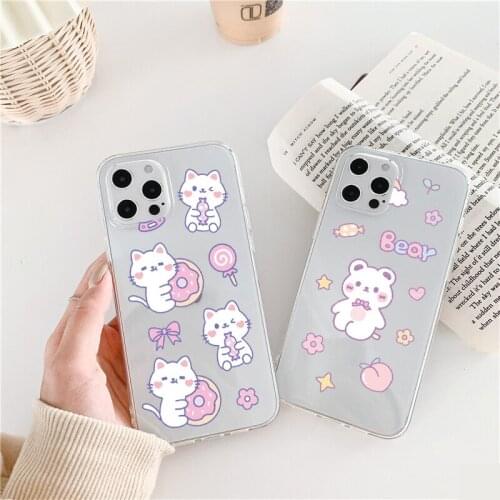 Cute Cartoon Cat Bear Clear Phone Case for iphone X XR XS MAX 11 12 Pro Max 7 8 Plus SE 2020 Soft Transparent Back Cover Fundas