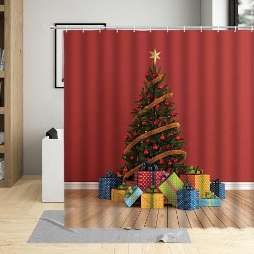 Merry Christmas Shower Curtain Xmas Tree Santa Claus Holiday Gift Background Red Wall Cloth Bathroom Decor Polyester Curtain Set