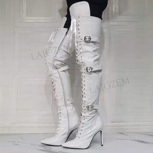 SEIIHEM Women Over Knee High High Boots Zip Up Shiny Stiletto High Heels Boots Wide Calf Friendly Shoes Woman Big Size 41 45 47