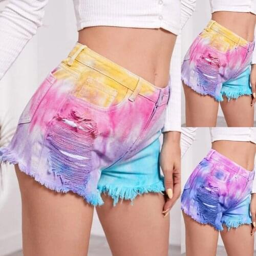 2021 New Fashion Tie-dye Shorts Summer Women Stretchy Denim Shorts High Waist Shorts Frayed Ripped Shorts Female Pockets Comfort
