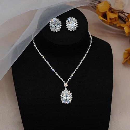 Cute Female Crystal Flower Jewelry Set Charm Silver Color Stud Earrings For Women Boho White Zircon Stone Wedding Chain Necklace