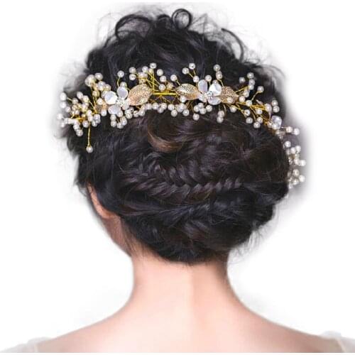 Wedding Hair Accessories Head Jewelry Golden Leaf Headdress Leaf Head Piece Pearl Rhinestone Bridal Headband