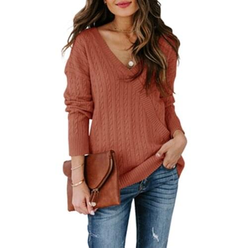 Umeko New Autumn and Winter Womens Fashion Long Sleeve Comfortable Knitted V-Neck Pullovers Criss-Cross Solid Casual Sweater