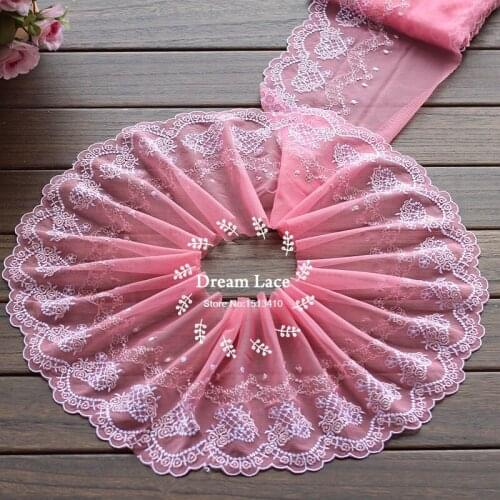 2yards/lot 17cm wide Embroidered Tulle Lace trim mesh lace trim~pink ~beautiful
