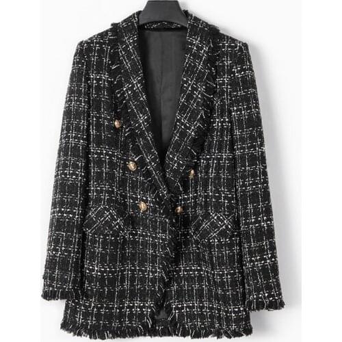 Black and white grid mid-length 2020 small fragrance wind spring, autumn and winter woven tweed new tweed jacket