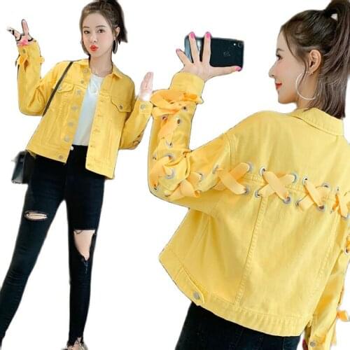 Ladies Denim Jacket 2021 New Lady Spring Autumn Cowboy Coat Women Rear Back Bandage Denim Coats Loose Casual Womens Crop Top B