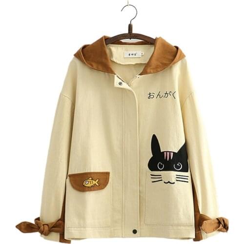 Women Jackets Cartoon Cat Embroidery Zipper Hooded Coat 2021 Autumn Winter Long Sleeve Pocket Sweet Ladies Cute Kawaii Outwears