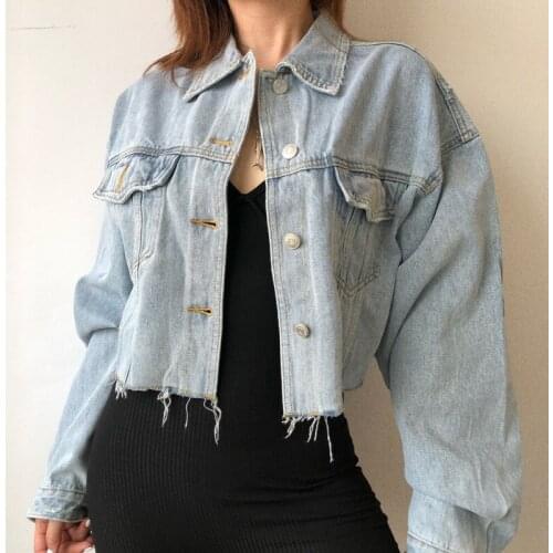 WOMENGAGA Slim Loose Fashionable Cotton Washed Water For Old Ragged Edges Ultra-short Lapel Denim Jacket For Woman W3OK