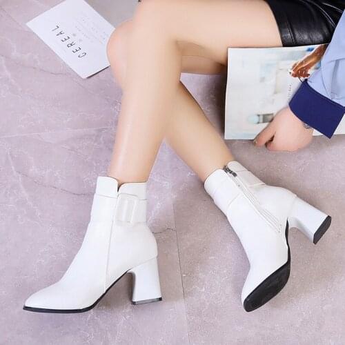 White Black Thick High Heel Ankle Boots Women 2021 Pointed Toe Keep Warm Elegant Short Booties Ladies Ankle Buckle Decoration
