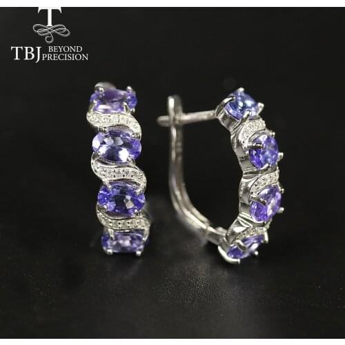 TBJ,natural blue tanzanite clasp earring ,4ct real tanzania aa color 6 piece oval 4*6mm 925 sterling silver fine jewelry women