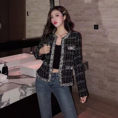 Autumn 2021 Korean style tassel lace tweed jacket womens Retro Plaid short cardigan