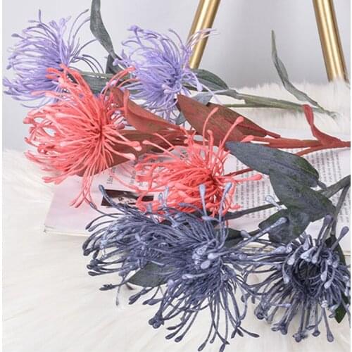 1Pc Leucospermum Artificial Flower Short Branch Crab Claw 3Head Fork Planting Pincushion Flower Home Simulation Flower