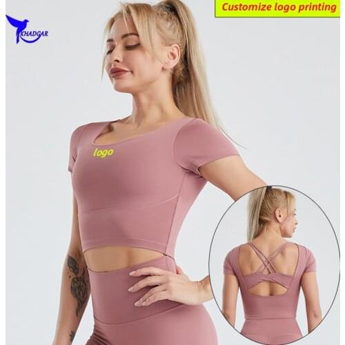 2021 Custom LOGO Crossback Short Sleeve Gym Shirts Padded Yoga Crop Top Women Workout Fitness Running Clothes Elastic Sports Bra