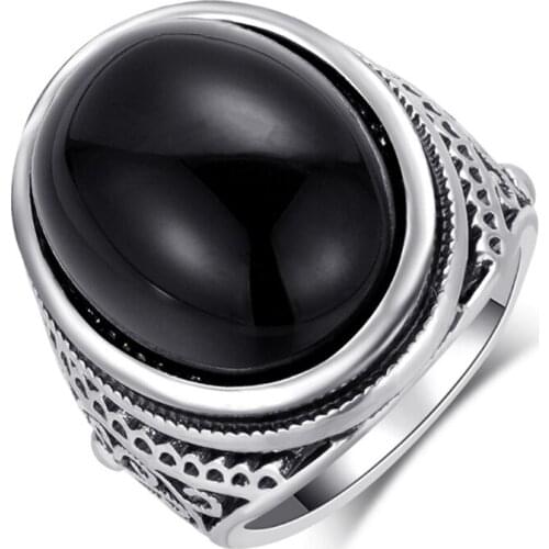 Antique Silver Plated Oval Shape Black Resin Finger Ring Simple Style Jewelry